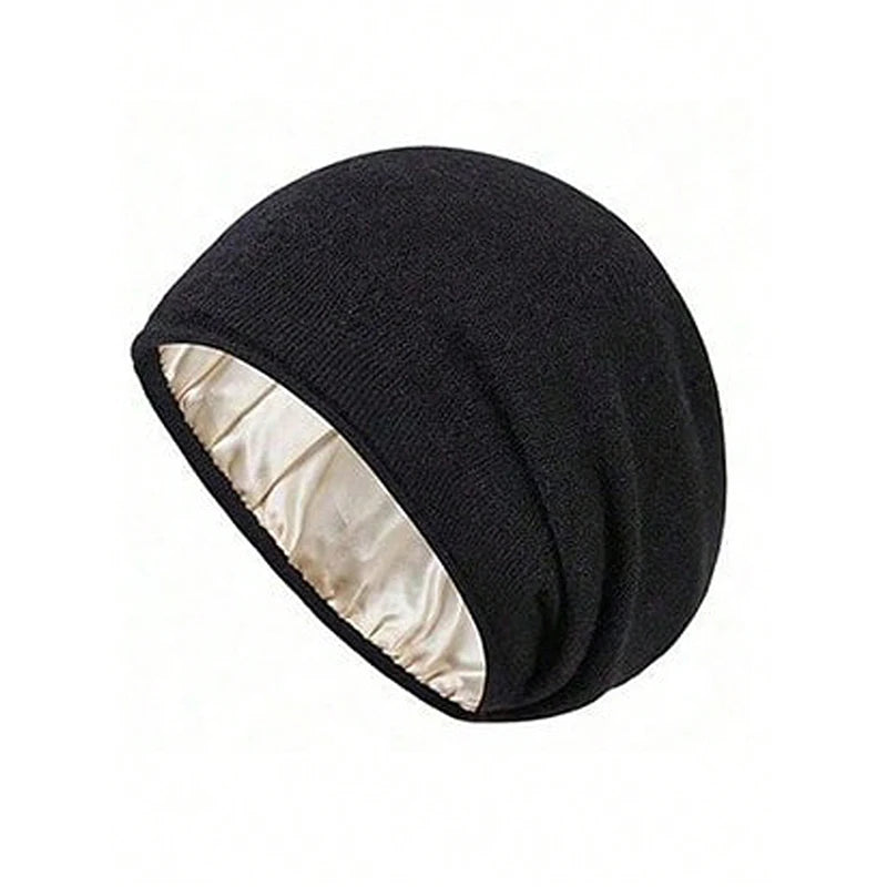 Unisex Satin Lined anti Static Knitted Hat for Women Winter Silk Lining Slouchy Wool Blend Warm Cuffed Skullies 2Layer Beanies